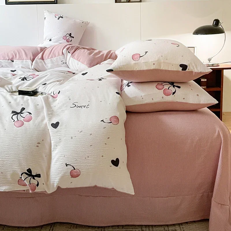 Romantic Pink Cherry Duvet Cover Flat Sheet Pillowcases Fashion Twin Full Summer Spring Bedding Set Girls Bed Linens No Filler