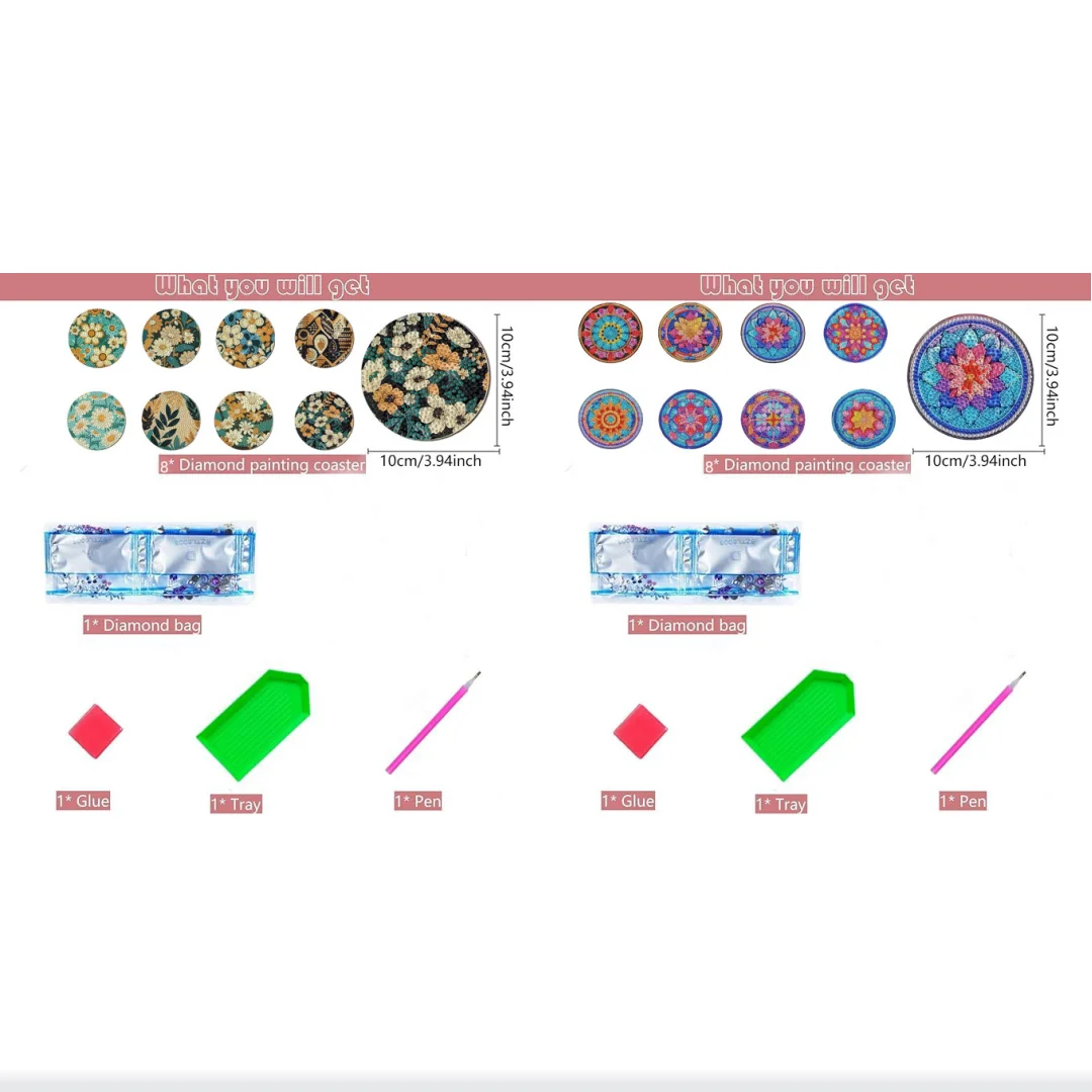 8 مجموعات من اللوحات الماسية التي تصنعها بنفسك بأنماط زهور ماندالا، وأكواب خشبية مضادة للانزلاق، وغرفة المعيشة، والمطبخ