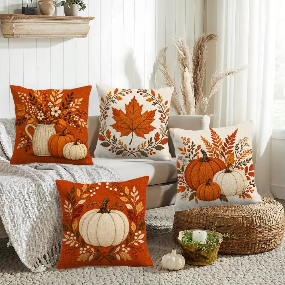 Rustic Autumn Pumpkins Cushion Cover Silky Short Plush Invisible Zipper Dustproof Sofa Pillow Case for Home Decor