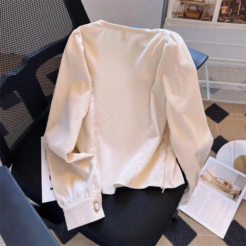 Square Collar Elegant Blouse Women Blue Chic Sweet French Spring Fall Long Sleeve Shirt Korean Sexy Cropped Office Lady Tops