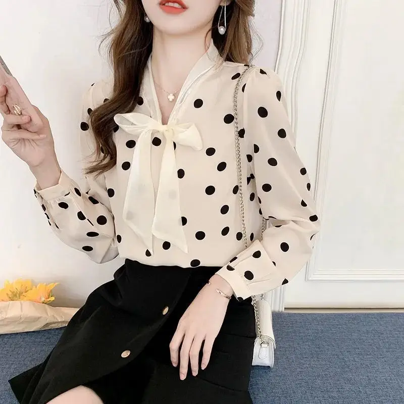 Polka Dot Chiffon Shirt Women\'s 2023 Spring and Autumn New Korean Style Fashion Bow Ribbon Long Sleeve Chiffon Blouse Female