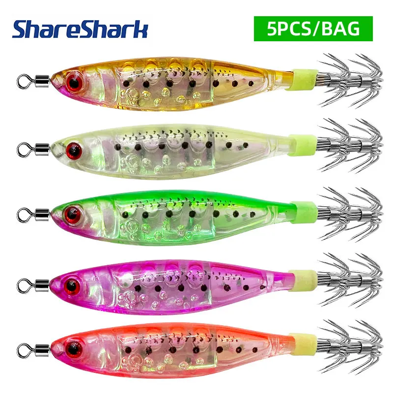 ShareShark 5 Stück/Beutel Leuchtende Holz-Garnelen-Tintenfischköder 10cm/11g Kunststoff-Garnelenförmiger Köder Tintenfisch-Angelköder
