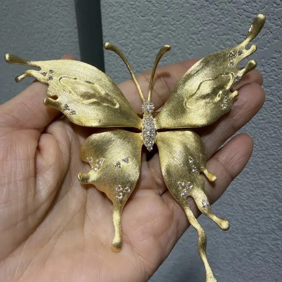 gold color 925 sterling silver with bushed finish cubic zircon butterfly brooch & pendant double use fine women jewerly