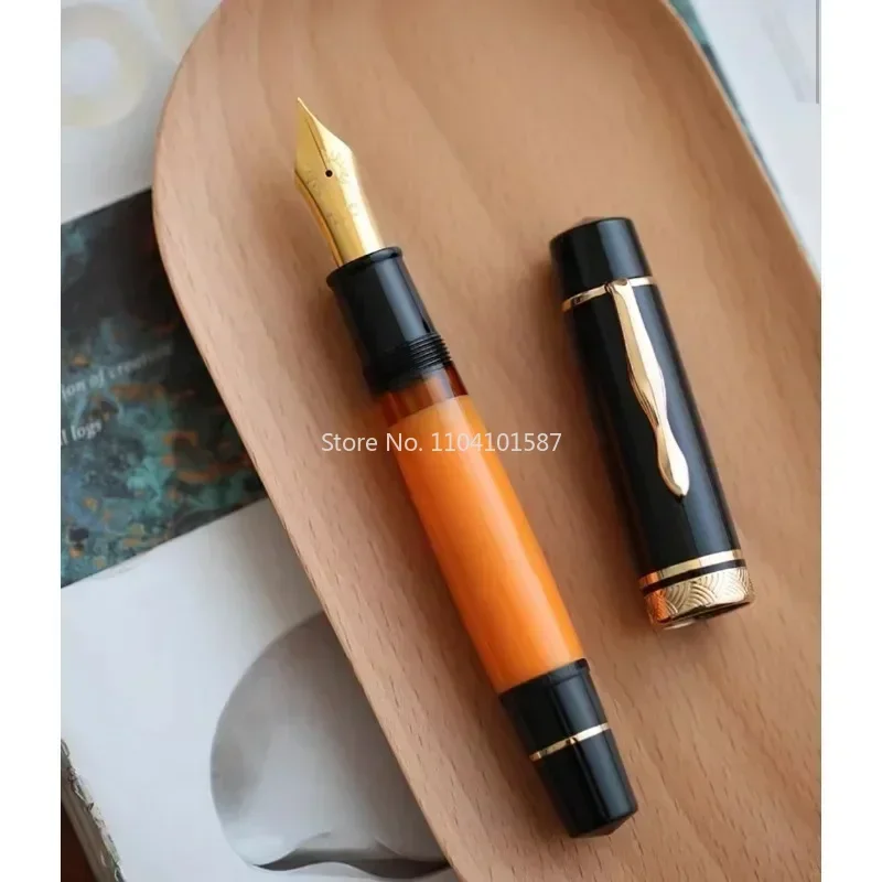 MAJOHN P139 Yellow Fountain Pen Retro Large Piston Fine Nib Fashion Writing Rubber Tongue All-copper Piston Luxury Office Pens