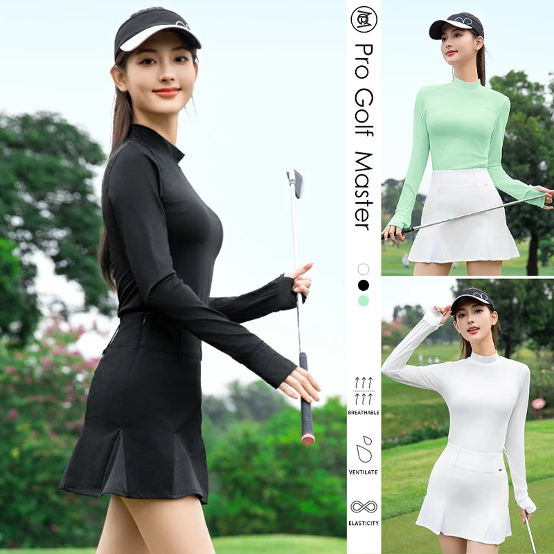 Pgm Golf Sun Protection T-shirt Women Long Sleeve Ice Silk Golf Tops Breathable Mesh Cuff Gloves Shirt Anti-UV Cooling Clothing