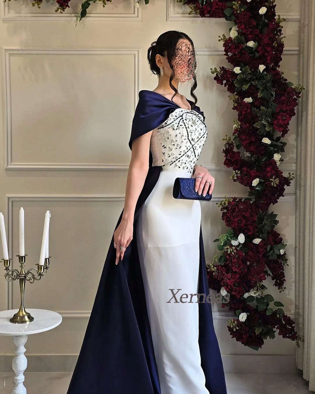 Customized Beaded Crystal Evening Dresses Women Luxury Party Dress Sheath Elegant Long Cocktail Gowns Navy Blue