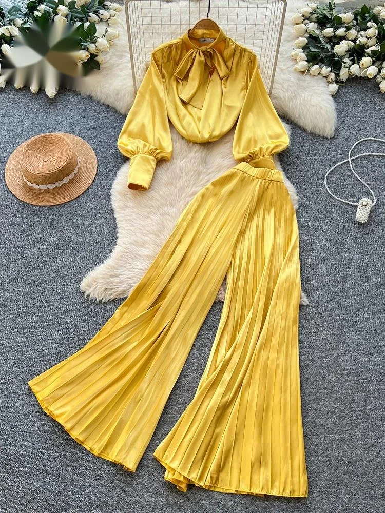 

High Quality Satin Vintage Suits Women Bow Neck Casual Blouse+Pleated Long Pants Autumn Office Lady Two Pieces Sets
