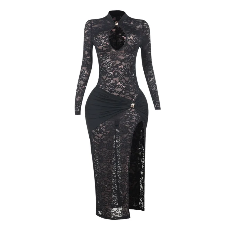 Elegant Full Sleeve Metal Buckle Ruched High Split Club Party Long Robe Women Sexy Hollow Out Lace Maxi Dress Birthday Dresses