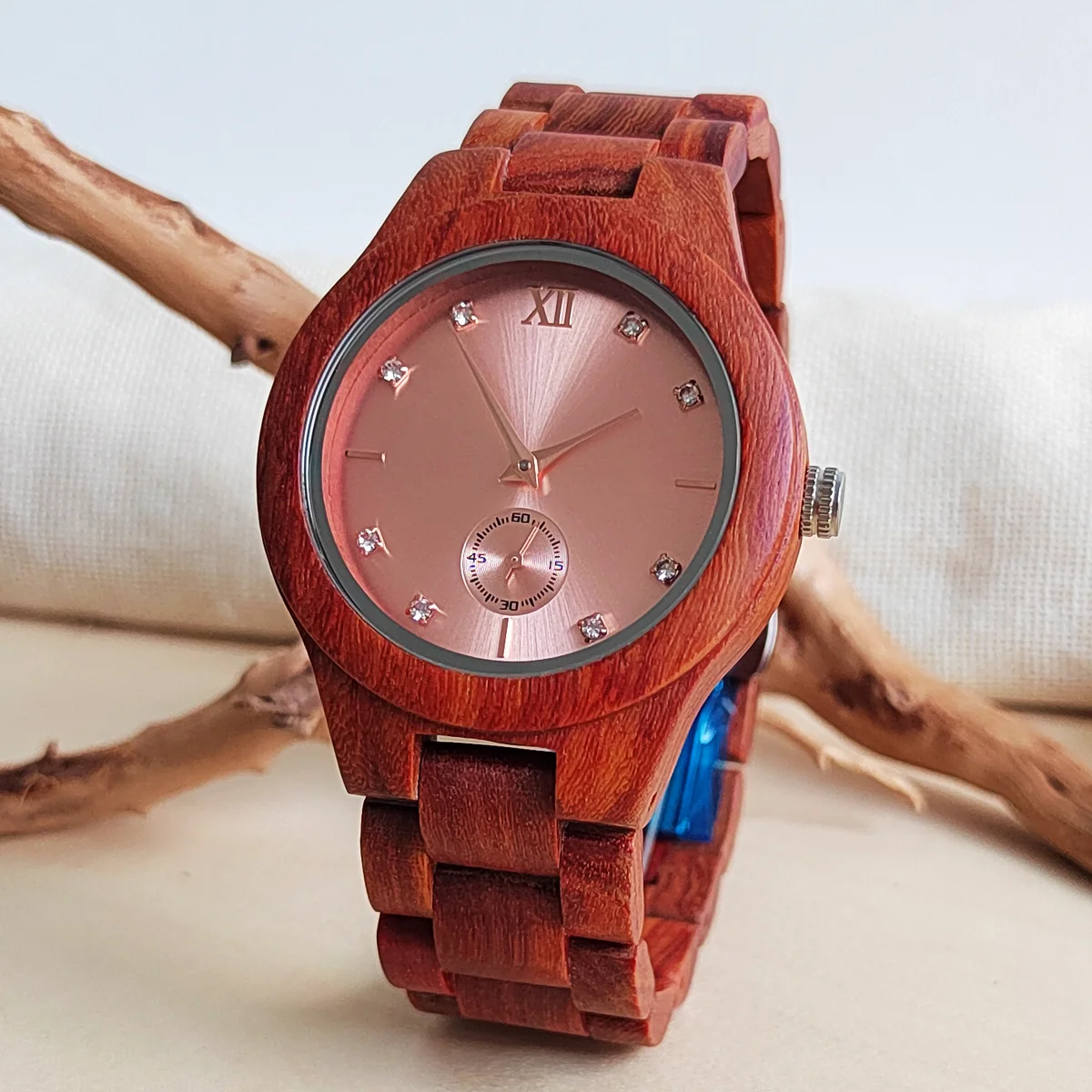 

Gold Stones Women's Wood Wrist Watch Fashion Simulated Diamond Dial Stylish Simplicity Quartz Wooden Wristwatches for Ladies