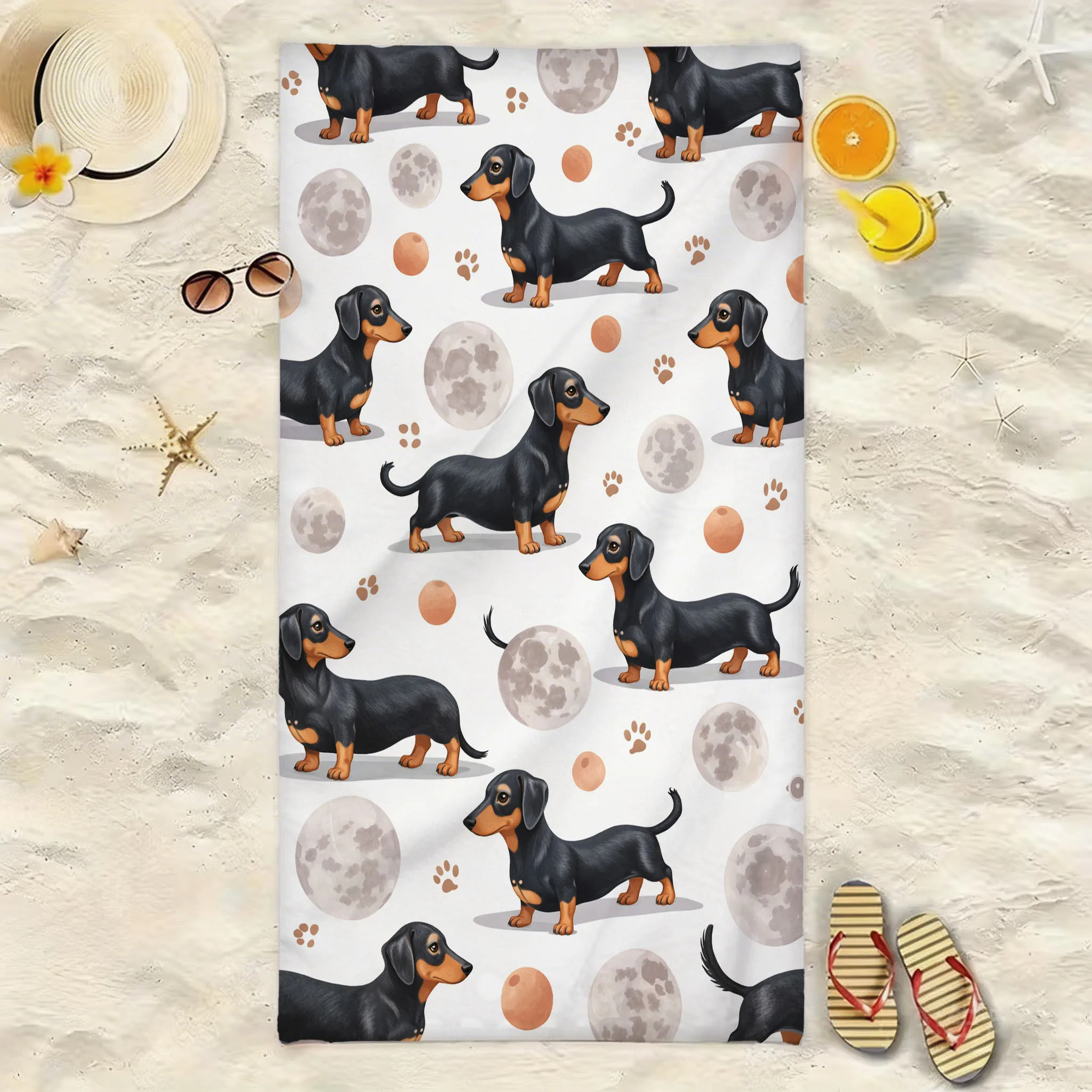 

Full Print Cute Dachshund, and Paw Print Patterns Fiber Beach Towel Soft Quick-Dry Suitable for Swimming Camping Travel