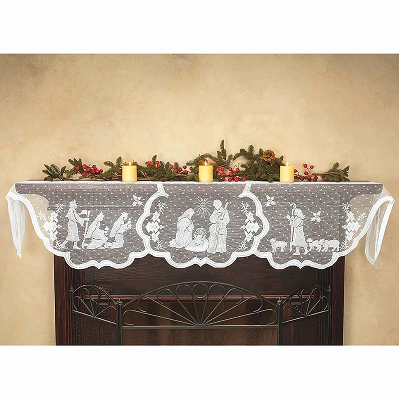 1Pcs Christmas Lace Tablecloth Virgin Mary Religious Day Fireplace Cover Fashion Table Runner Furnace Cloth Home Party Supplies