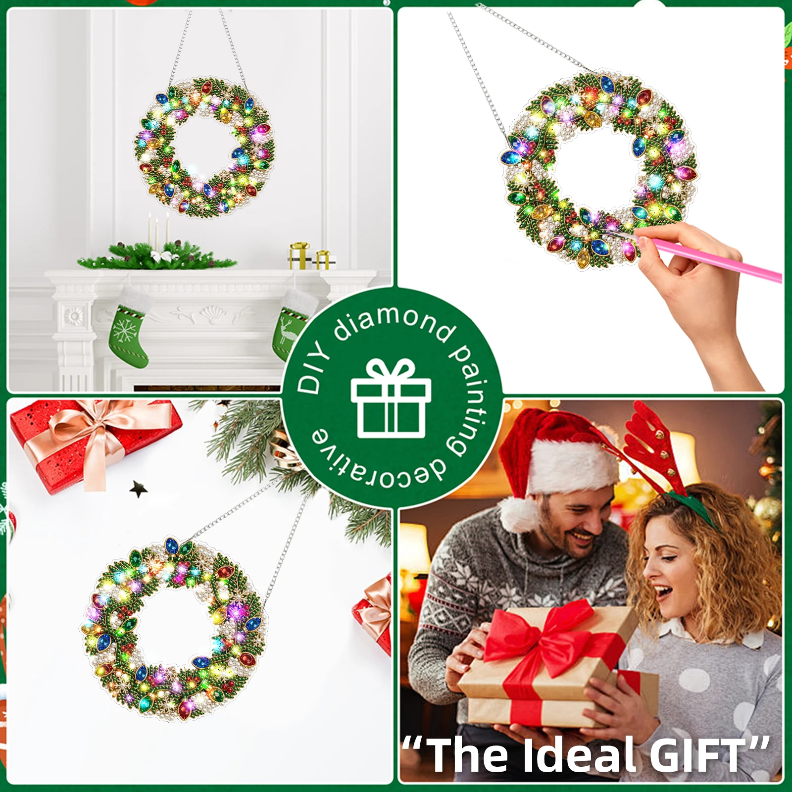 LED Lighted Christmas Wreath Diamond Painting DIY Kit 9.84x9.84in Double Sided Holiday Ornament Decor