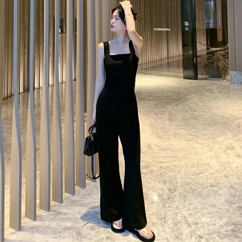 Sleeveless Tank Jumpsuits Women Elegant High Waist Slim Rompers With Pocket Ladies Commute Draping Straight Trousers Overalls