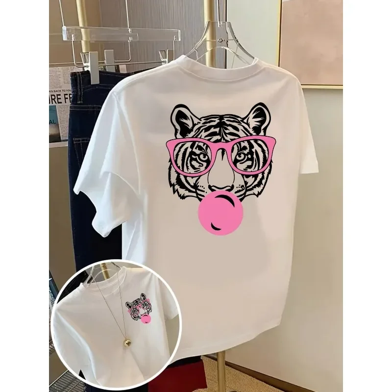Women's Kids round Neck Short T-shirt Front Back Printed Cool Tiger Fashion Glasses Pattern Daily Basic Tee Top