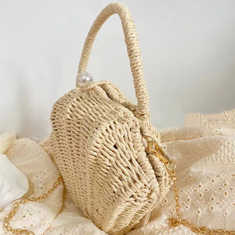 Shell shaped chain small Messenger Bag rattan woven ins beach vacation mobile phone fashionable Crossbody bag beach Straw bag