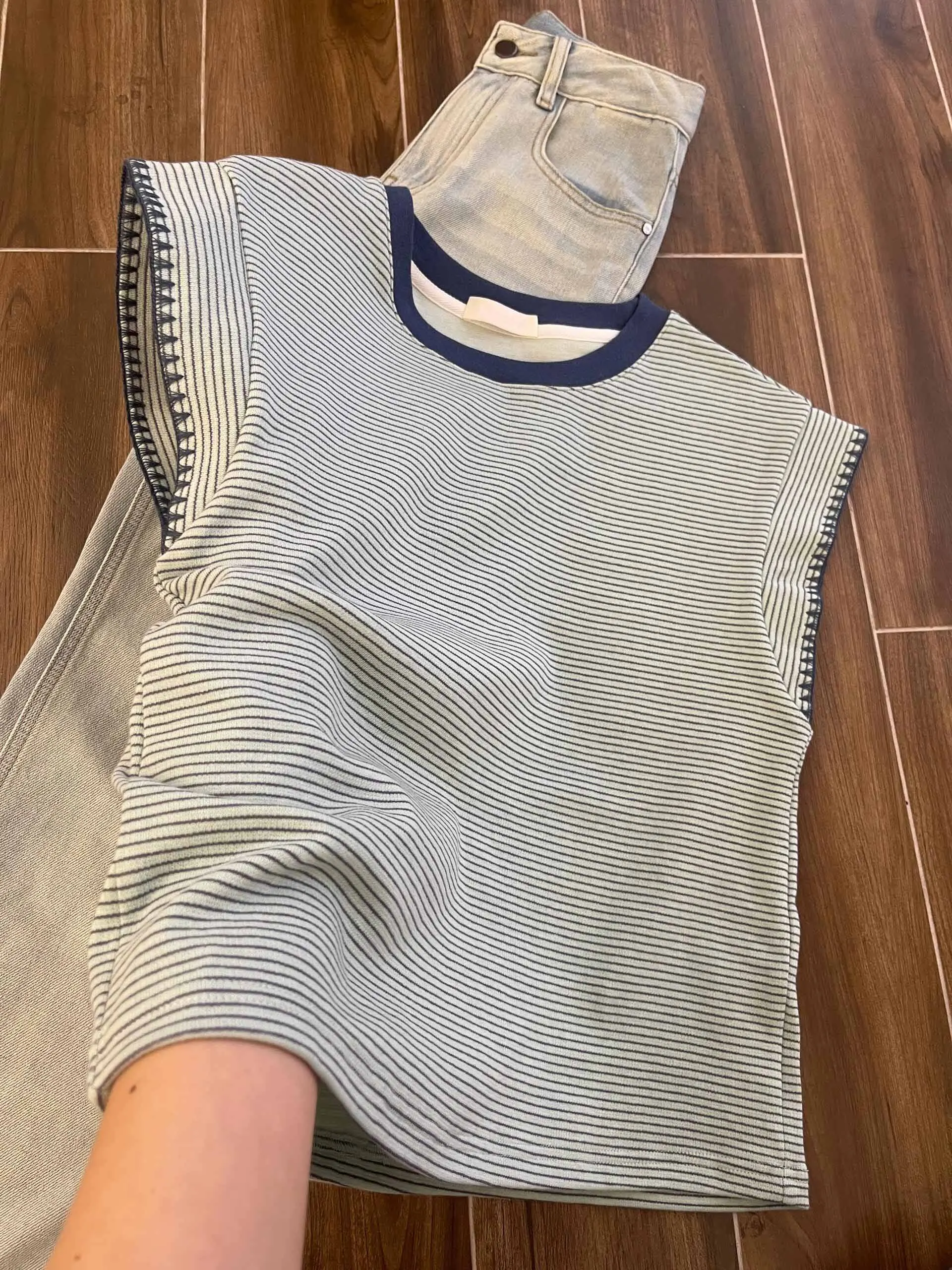 

Летняя футболка в полоску ort Sve, женская модная облегающая футболка в Корейском стиле, хлопковая круглая футболка Ne Top Color Blo Design