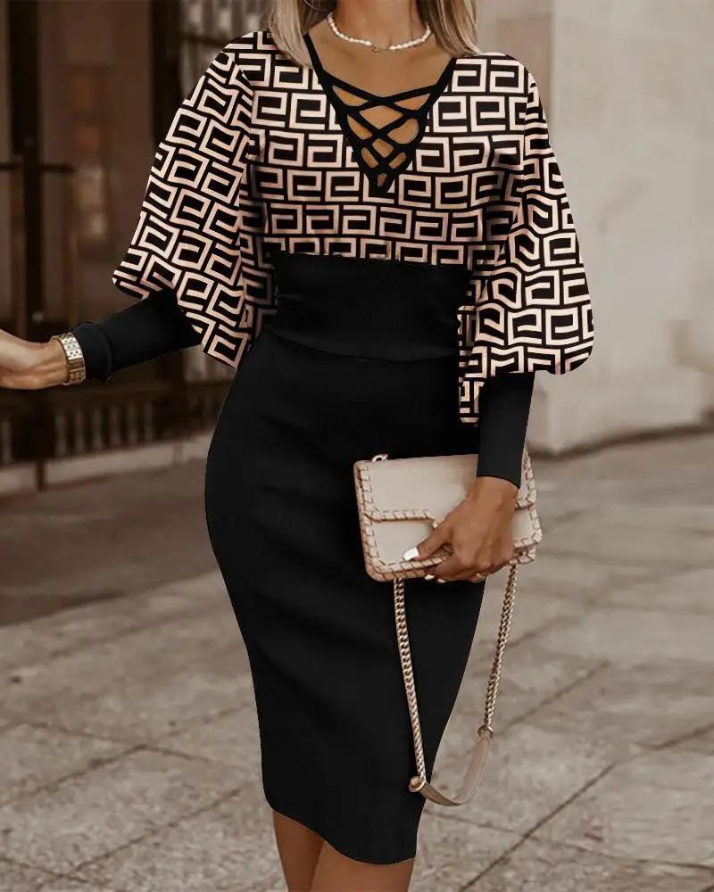 Elegant Women's Maze Printed Long Sleeved Slim Fit Dress 2024 Fashionable Woman Hollowed Out V-neck Cinched Party Club Vestiods