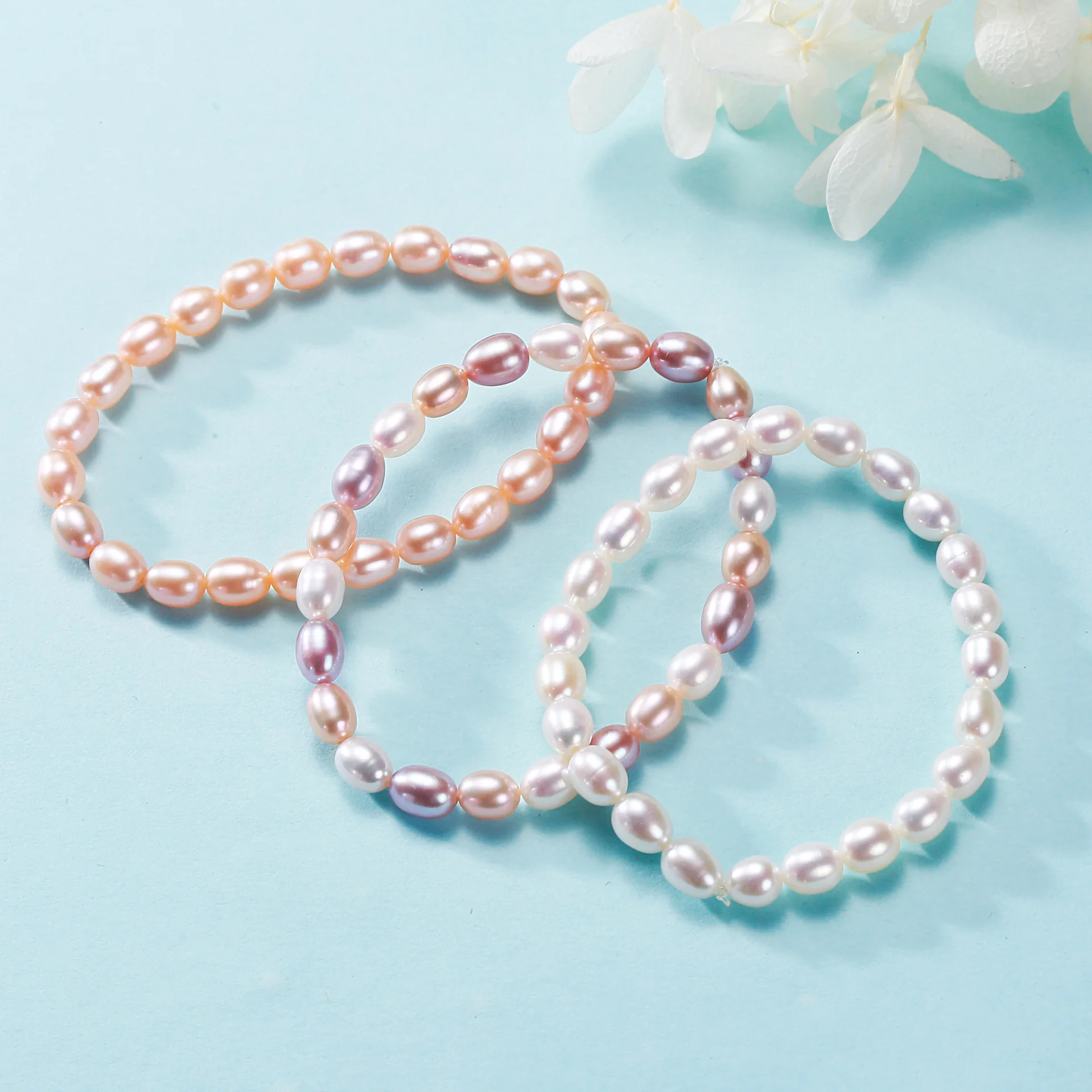 

5-6mm Rice Shape Freshwater Pearl Bracelet 16cm Length Elastic White Pink Mix Color Pearl Bracelet