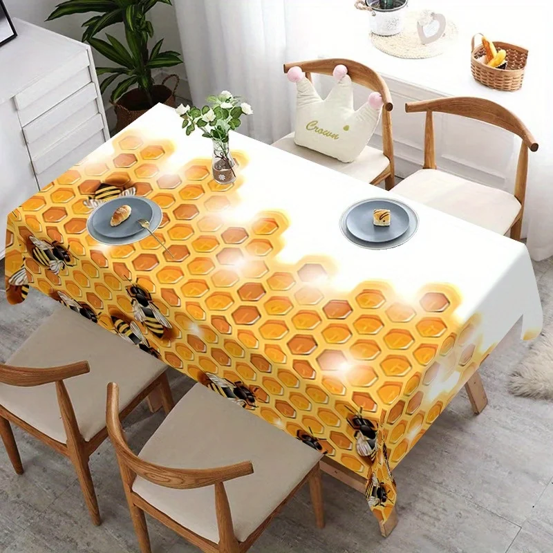 VIKAMA Honeycomb Tablecloth White Gold Bee Hexagon Rectangular Washable Dining Table Cover Cute Nature Kitchen Party Decor