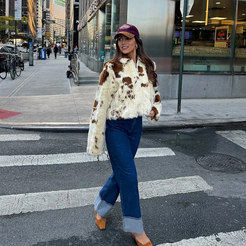 Neo Mint Chic Straat Meisjes Koe Print Bontjas Vrouwen 2025 Winter Nieuwe Merk Mode Warme Nepbont Jas Herfst Iconische Streetwear