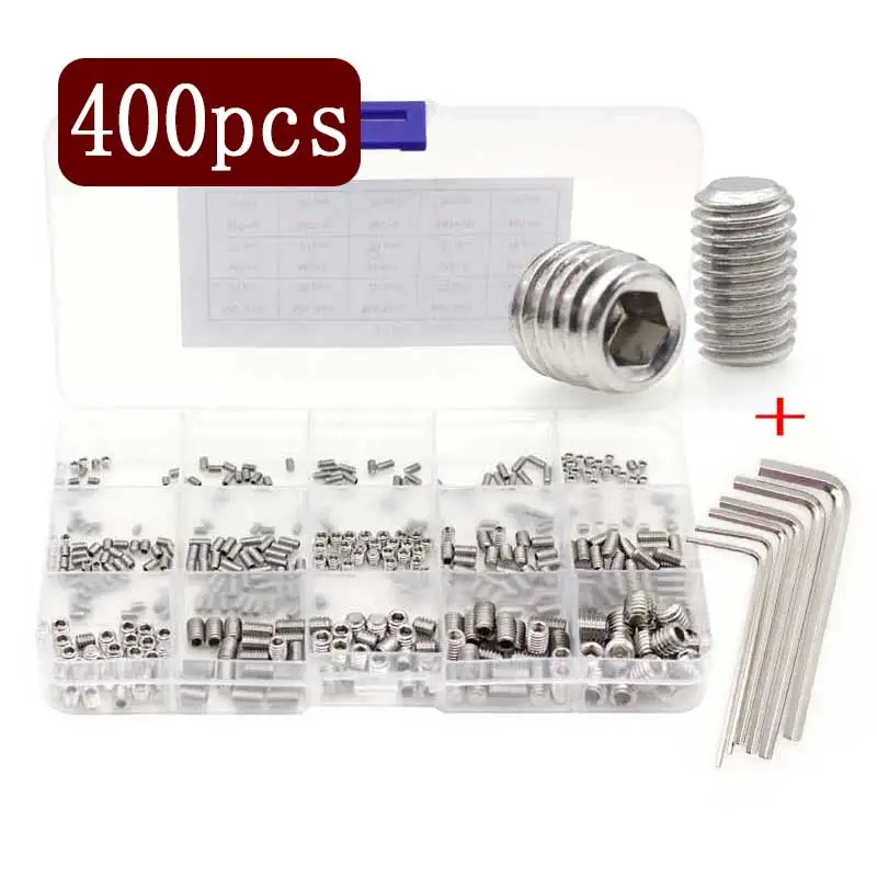400pcs Hex Socket Set Screws Assortment Kit 304 Stainless Steel Grub Screw Metric M2.5 M3 M4 M5 M6 M8 Grub Hexagon Set Screws