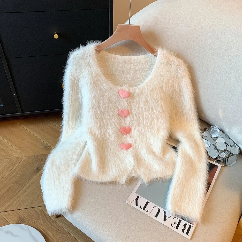 

Autumn Winter Warm Short Feather Knit Cardigans Women Korean Trendy Solid Single Breasted Sweater Coats Commute All-Match Tops
