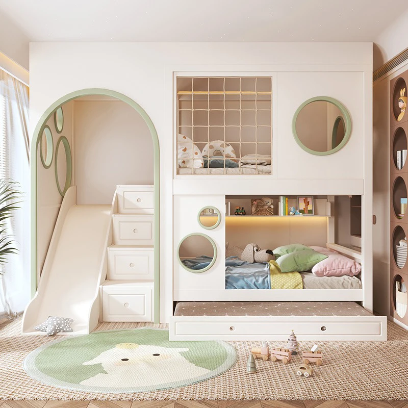 All solid wood children's bed upper and lower siblings S type same width castle tree house combination slide