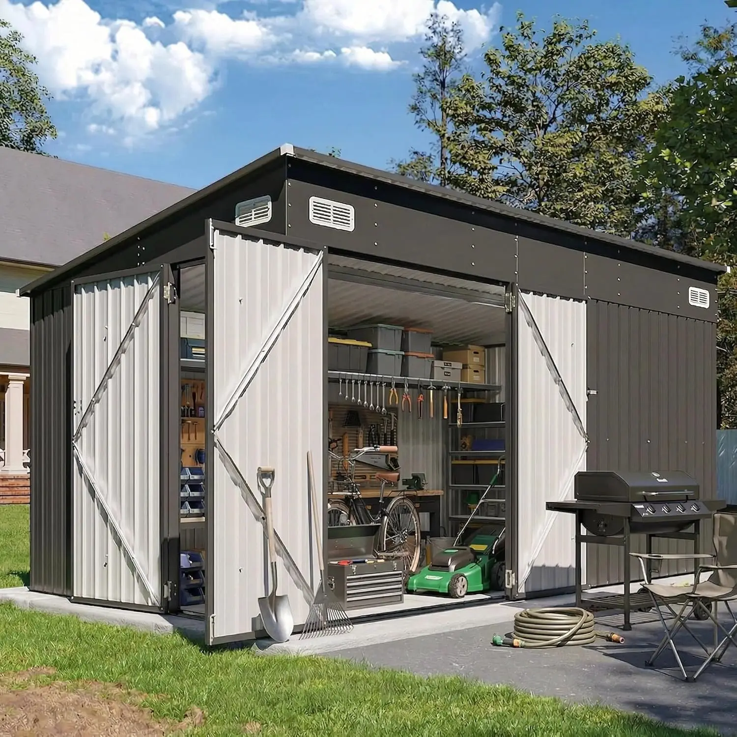 

Уличный пристенный сарай для хранения с тройными дверями, из оцинкованной стали, для вертикального хранения, на заказ