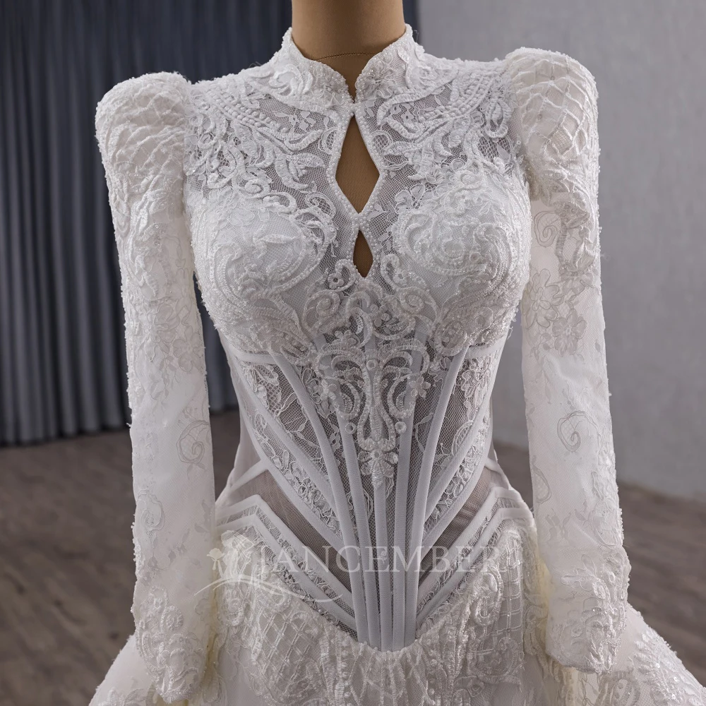 Wedding Dress Long Sleeve High Neck Zipper Back Customized Bride Dresses Court Train Rhinestones Bridal Gown vestido femininos