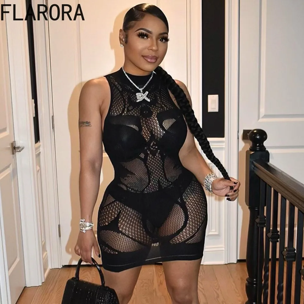 FLARORA Black Sexy Hollow Out Mesh Perspective Mini Dresses Woman Round Neck Slim Backless Vestidos Midnight Clubwear 2024 New