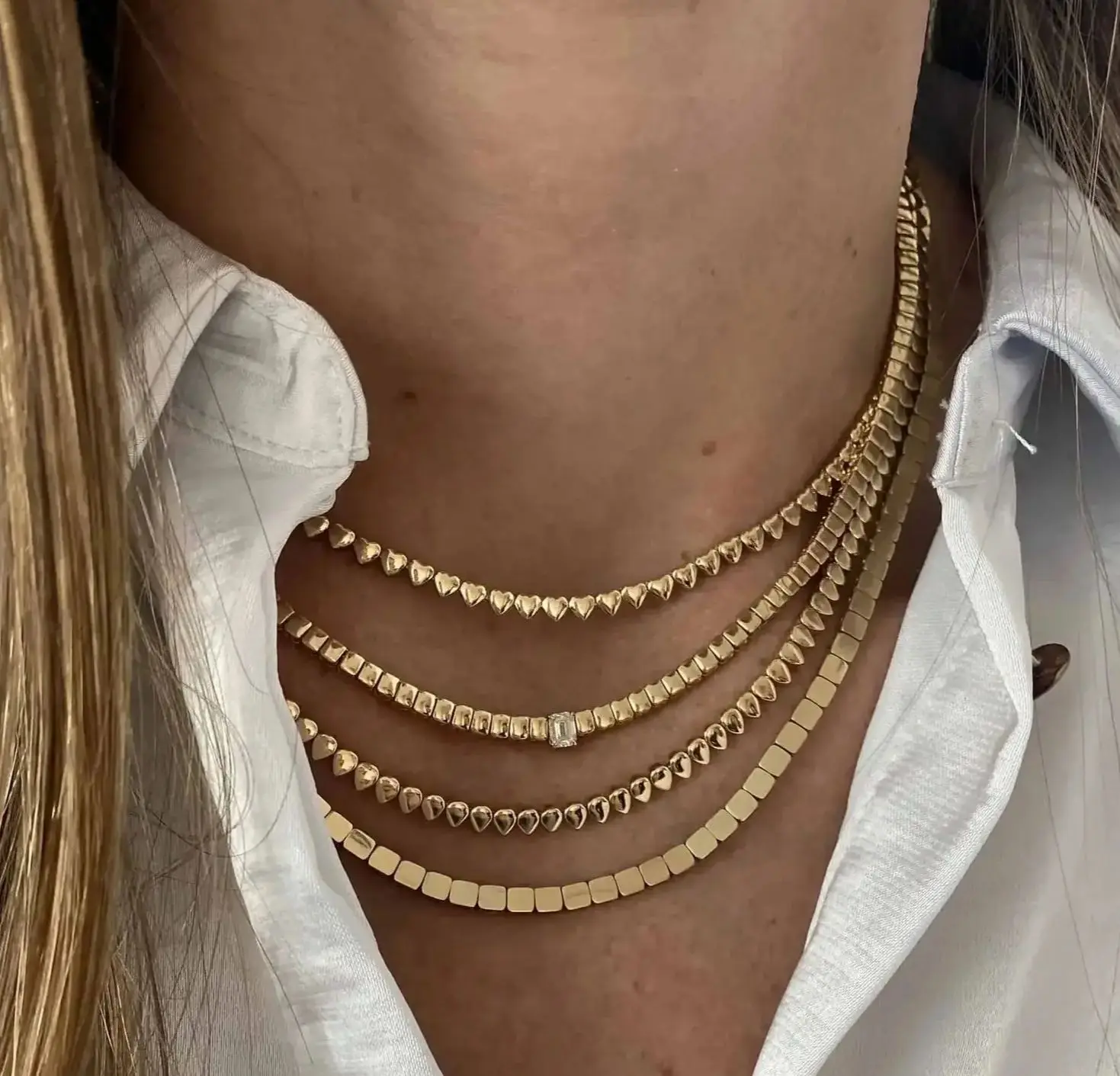 Classic Gold Color and White Square Cz Tennis Necklaces for Women Men Paved Cubic Zirconia Brass High Quality Fashion Jewelry