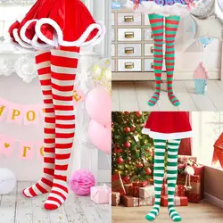 Women Multicolor Striped Tights Stockings Christmas Halloween Cosplay Pantyhose Full Length Christmas Tights