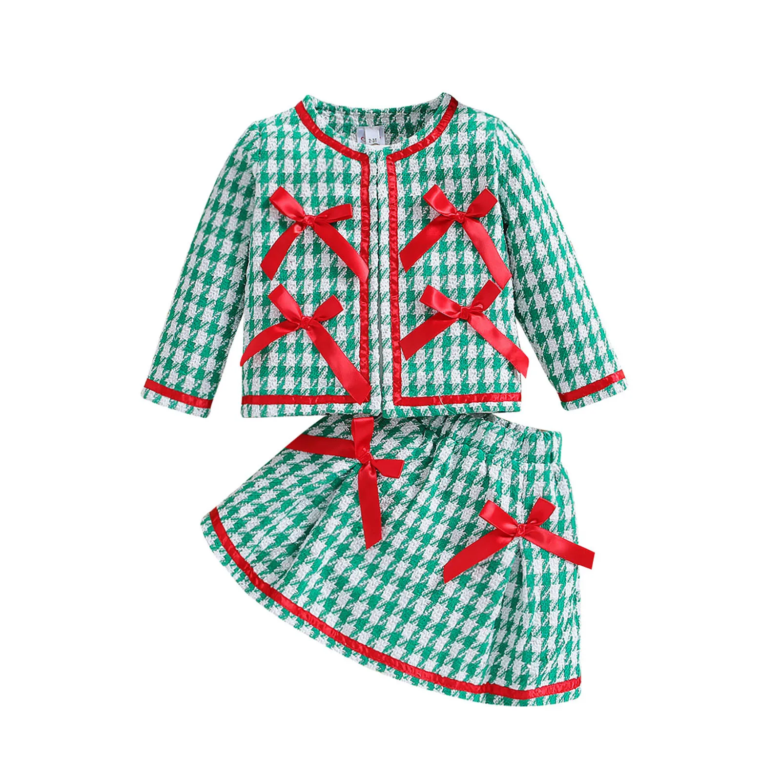 Autumn And Winter New Girls' Christmas Set Children's Red Green Checked Coats Skirt Set Two Piece Outfits Girls Clothes Sets