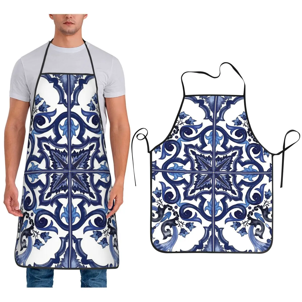 

Синий декоративный цветочный средиземноморский сицилийский фартук для плитки, фартук для шеф-повара, кулинарии, кухни, водонепроницаемый нагрудник, кухонный сарафан для чистки