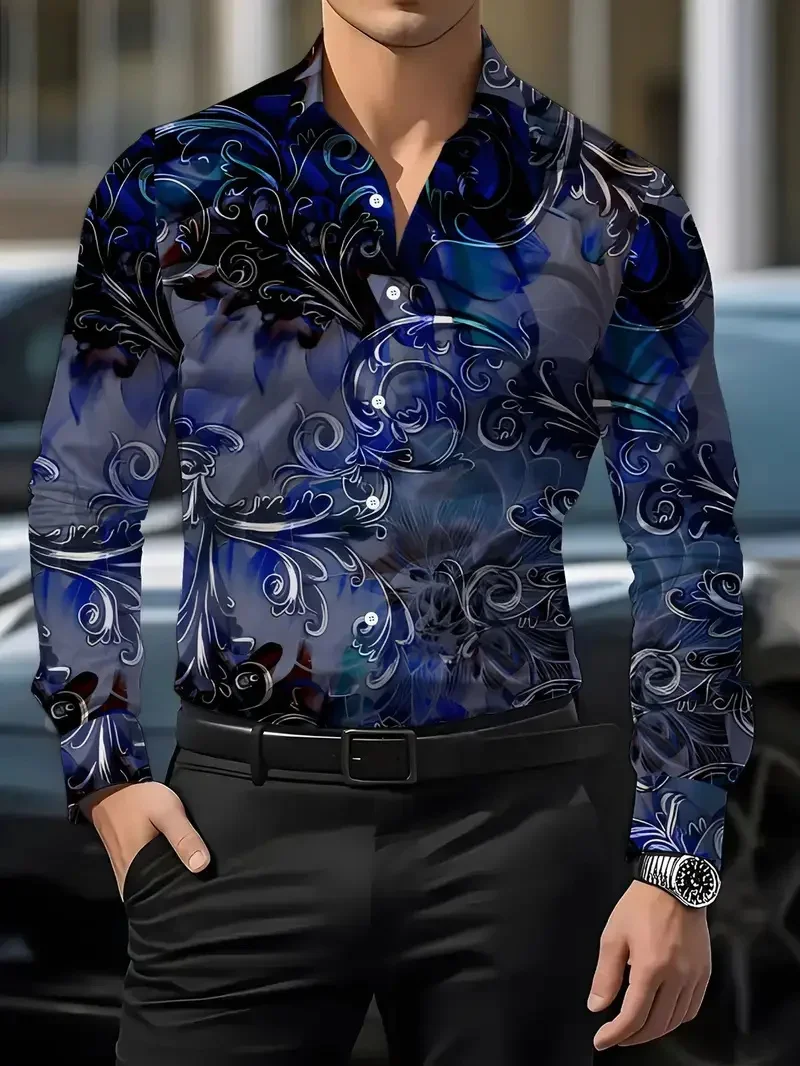 

New French Curly Grass Pattern Gold Printed Long Sleeve Single Row Buckle Men's Flower Shirt Casual Street Fashion Flap-Collar