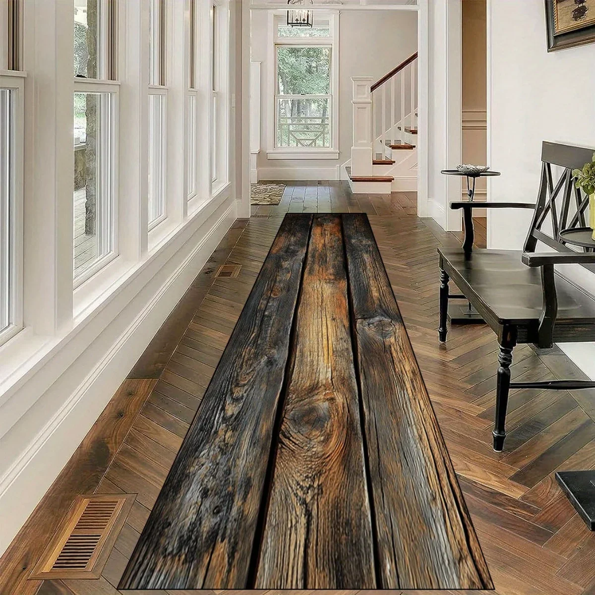 VIKAMA Vintage-Style Distressed Wood Grain Rug Living Room Hallway Decorative Runner Stain-Resistant Easy to Clean