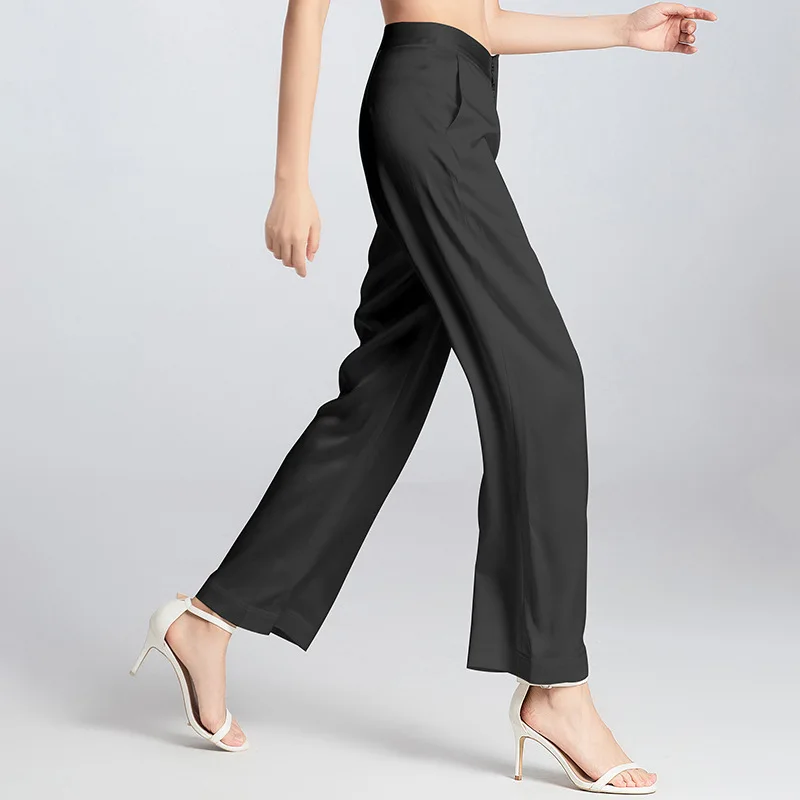 Birdsky, 1PC Women trousers pants wide leg straight pant zipper pleats high waist 100% real mulberry silk 3 colors, S-927