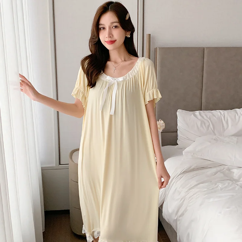 Sexy Summer Modal Nightgown for Women Solid Lace Sleepwear Loose Nightdress for Young Girls M-4XL