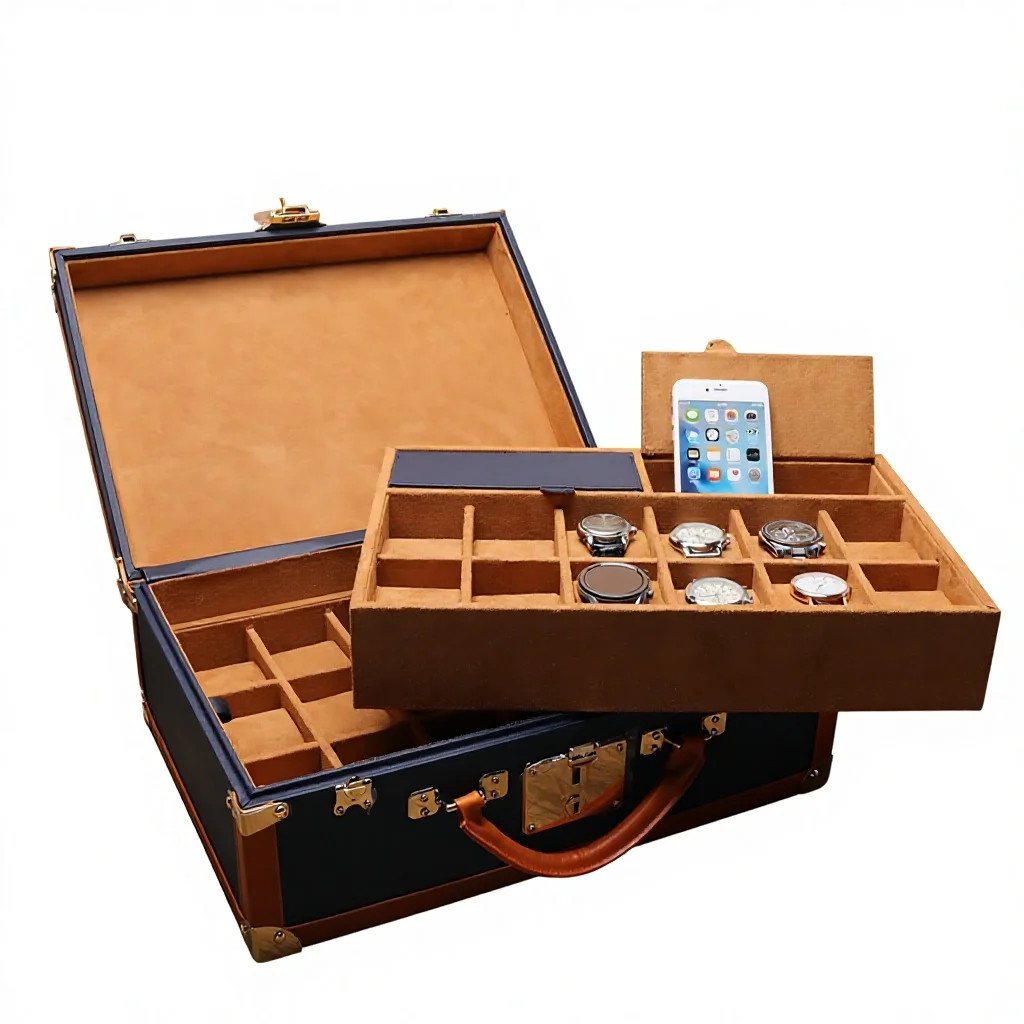 30-Slot Rectangular Leather Watch Storage Box Wooden Metal Corner Guards Velvet Lined Eyeglasses Jewelry Packaging Model W10