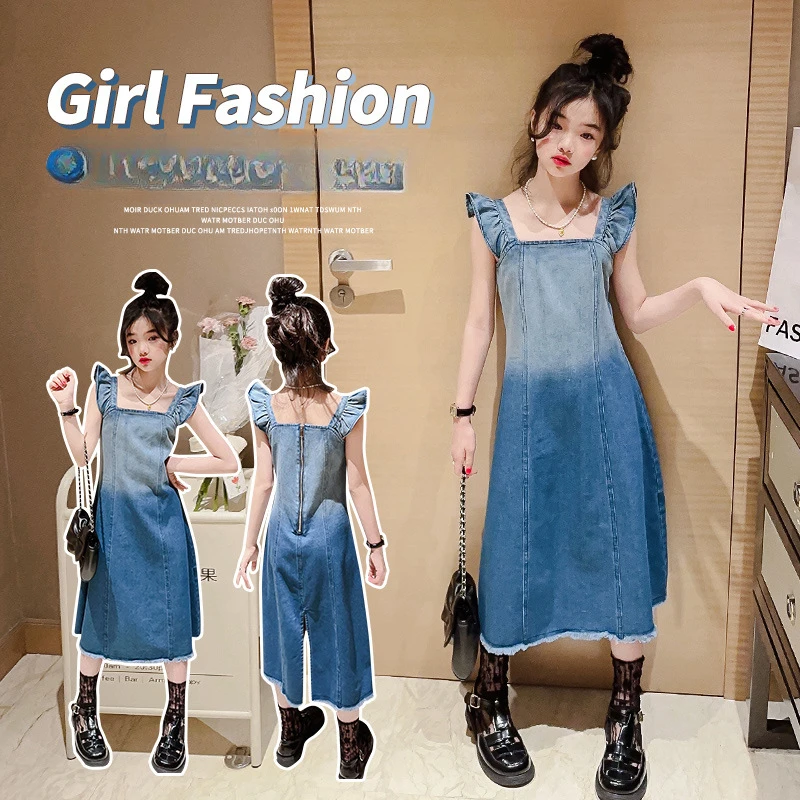 

Orange Tiger Girls Fashion Gradient Denim Dress 2024 Summer New Middle and Big Boys Girls Fashionable Street Blaster