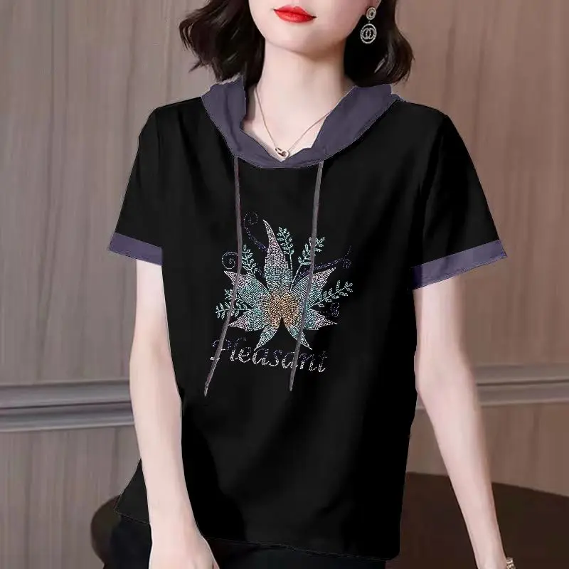 Fashion Spliced Short Sleeve Printed Hooded T-Shirt Women's Clothing 2024 Summer New Loose All-match Tops Commuter Tee Shirt