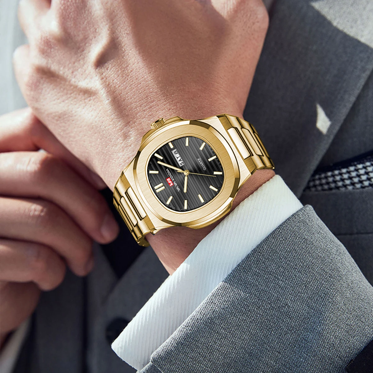 ساعة رجالية فاخرة من أفضل العلامات التجارية الكلاسيكية على طراز الأعمال من الفولاذ المقاوم للصدأ بتقويم مزدوج وحركة كوارتز ساعة معصم للرجال reloj hombre