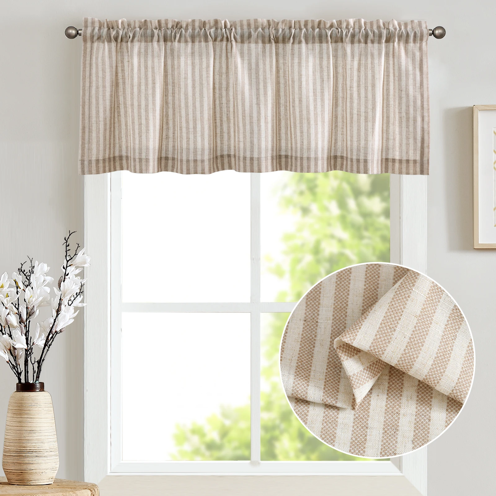 JINCHAN Linen Textured Striped Pattern For Kitchen Valance Rod Pocket Short Curtain Pinstripe Valance Window Treatments Valance