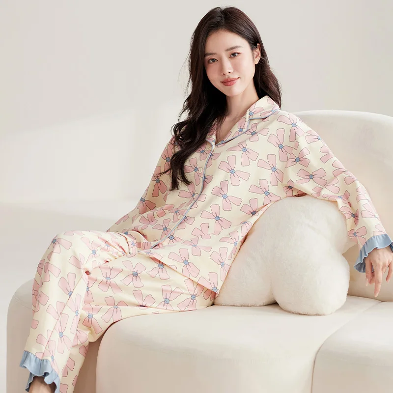 Bowknot Women Pajamas Set Cute Kawaii Sweet Sleepwear Long Sleeves Long Pants Autumn Winter Pyjamas Cozy Pijamas Girl Pjs Button