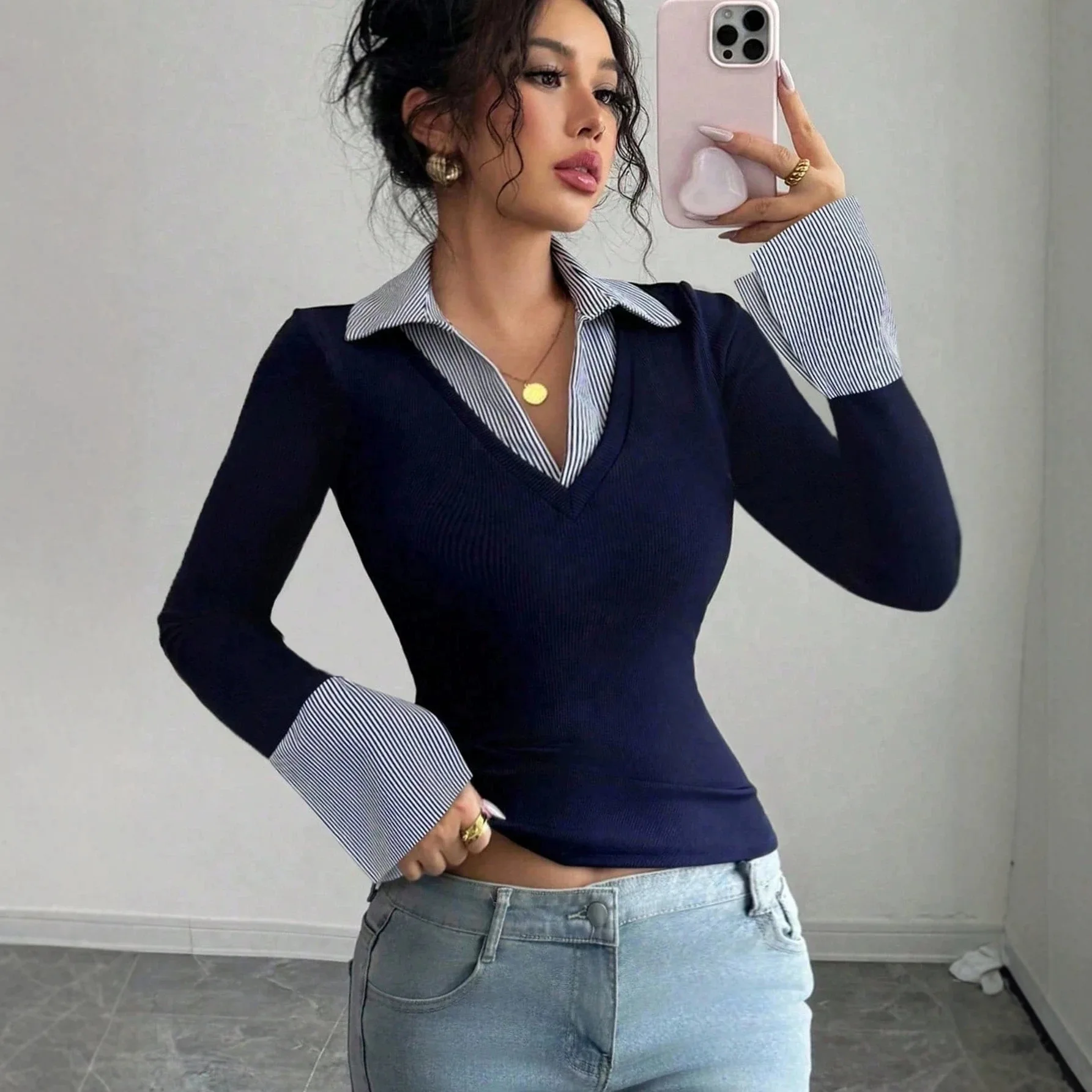 2026 Women Slim Fit Fake Two Piece T-Shirt Layered Look Casual Basic Tee Soft Breathable autumn Top Chic Outfits For Daily Wear