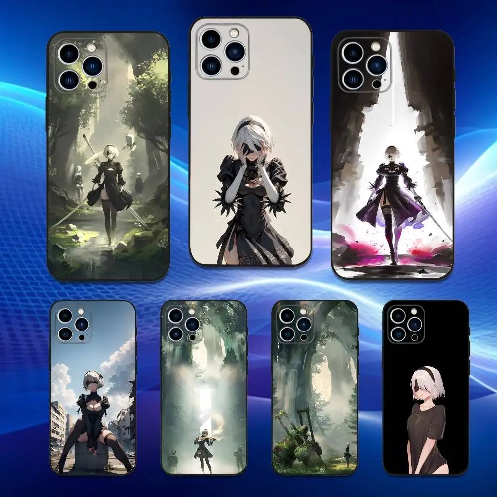 

N-NieR A-Automata-2B Game Phone Case For iPhone 17,16,15,14,13,12,11 Plus,Pro Max,XS,X,XR,SE,Mini,8,7,Soft Silicone Black Cover