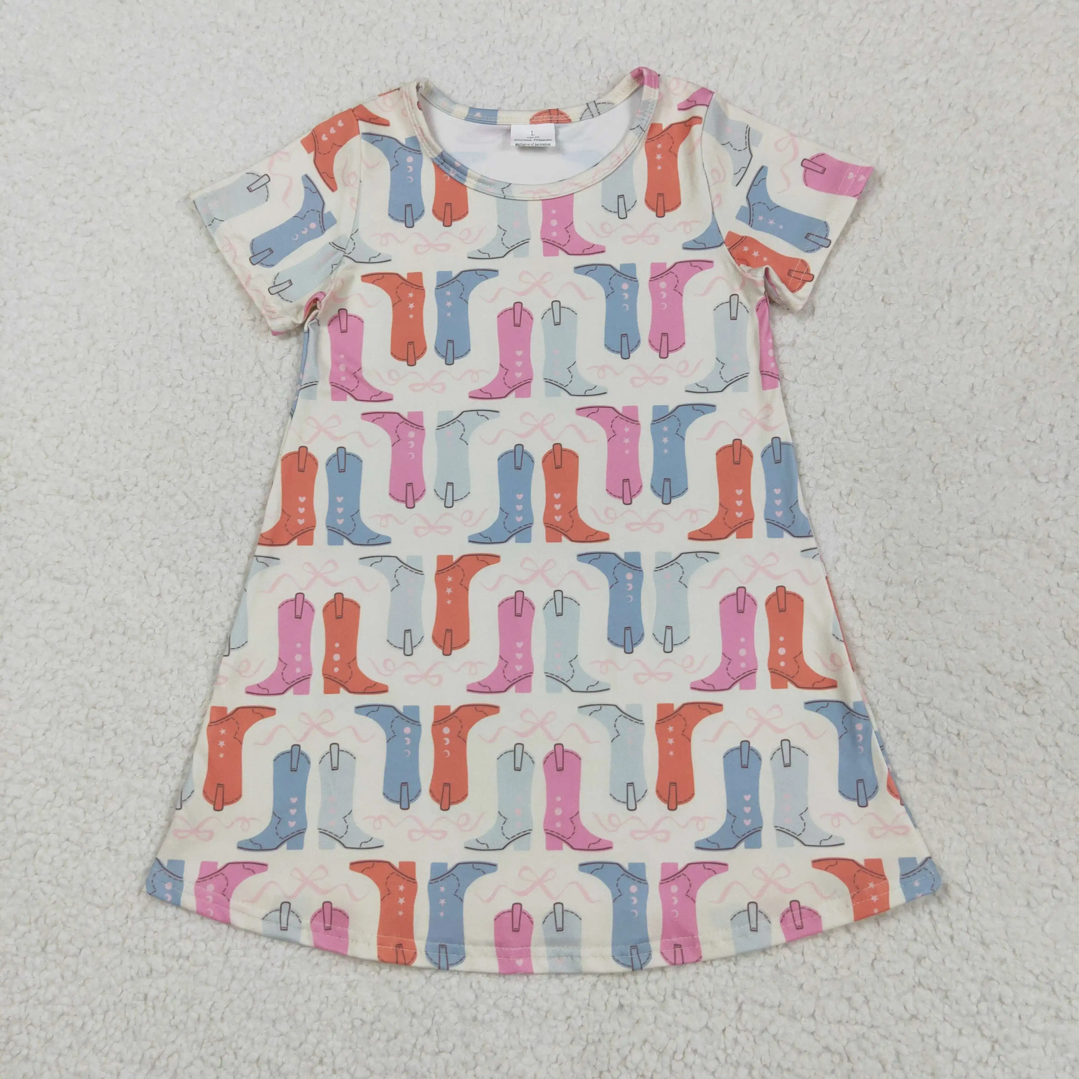 

High Quality Baby Girl Western Boots Print Short Sleeve Dress Wholesale Western Summer Dress