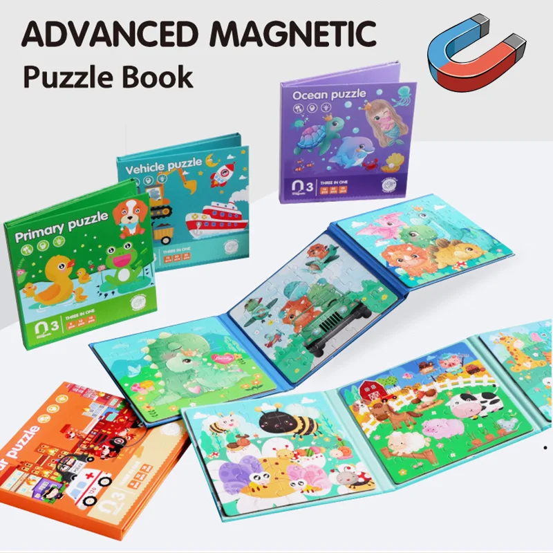 3 in 1 Magnetic Puzzle Book Toddler Toys Advanced Version Folding Jigsaw Dinosaurs Animal Travel Games Early Education Toys Gift