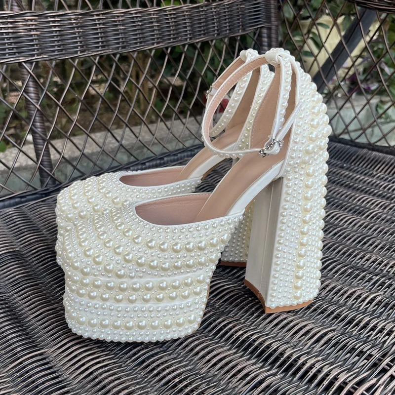 2026 Handmade Beaded Thick Heel Round head Sandals 35-41 High Heel Waterproof Platform Women's Shoes Wedding Dress Luxury Pearl