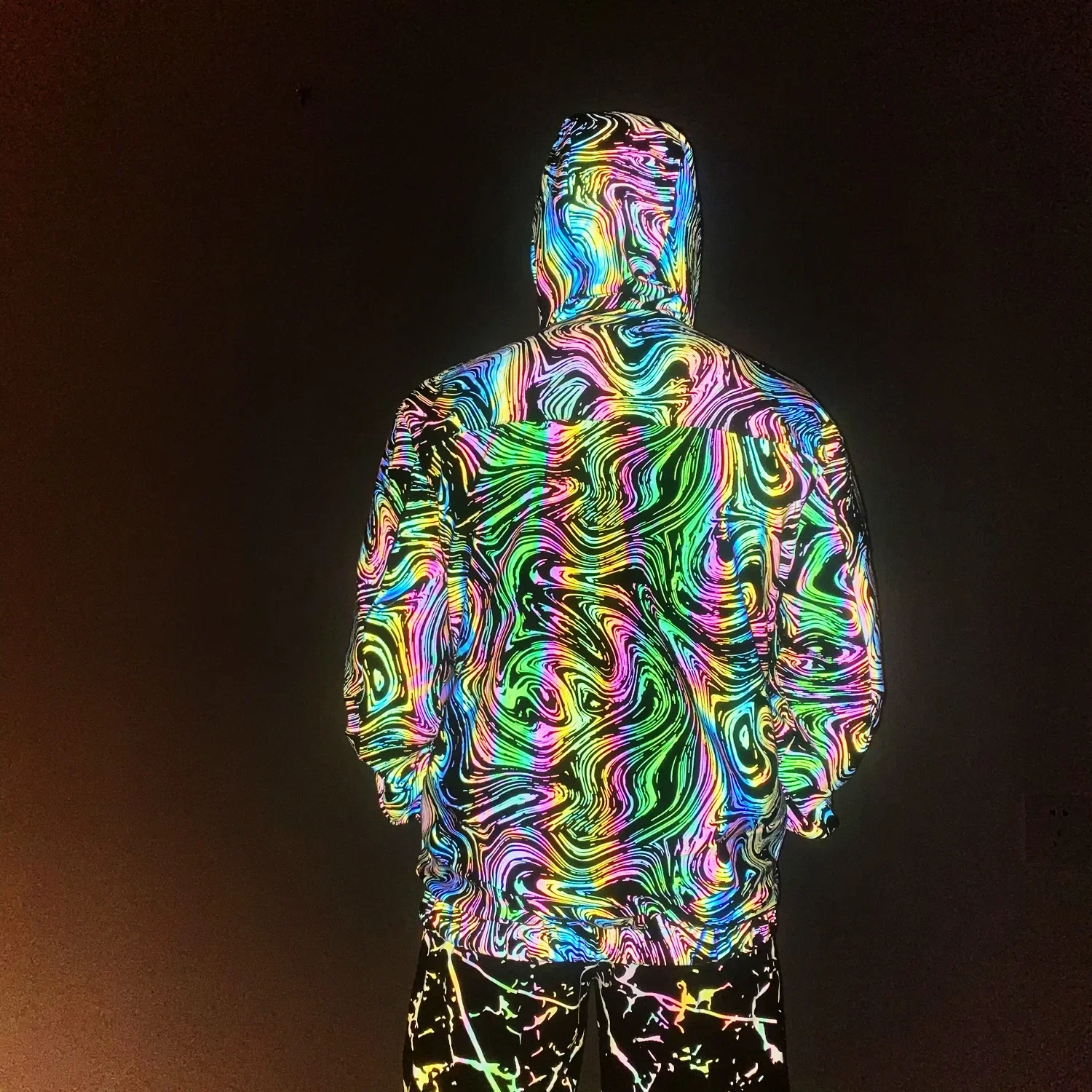 Veste de coulée de documents arc-en-ciel pour hommes, sweat à capuche hip hop, manteau respirant, tenue de soirée DJ Rave, vêtements de course de nuit, 2024